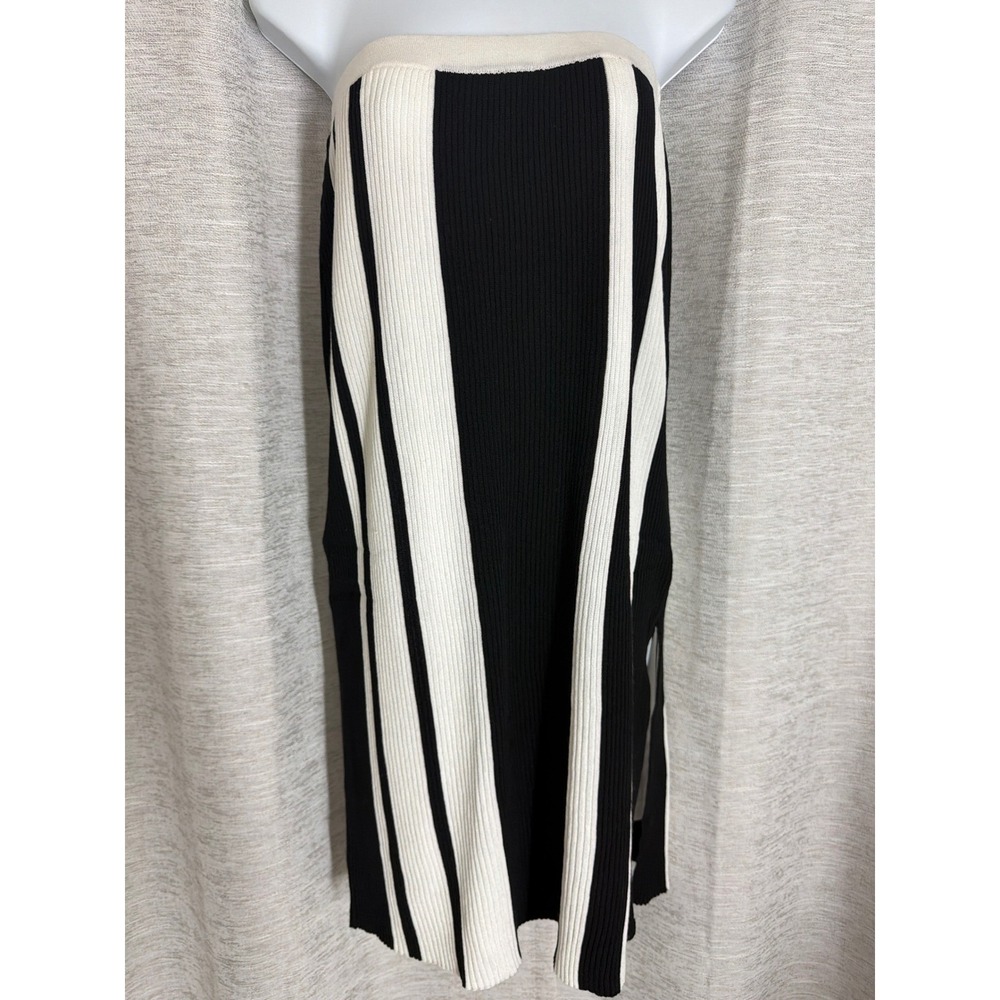 Lucy Paris Black Cream Ribbed Knit Striped Midi Skirt small Side Slit Sweater